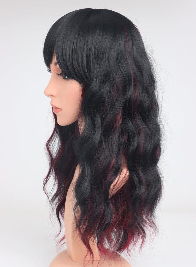 SYMEIW Burdundy-Black Hair Wavy Wigs With Bangs For Women Synthetic Black Hair With Red Undertones Wigs For Daily Use Everyday Wear. - Image 3